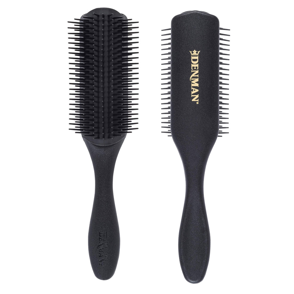 Denman D4 all-black brush close-up showing 9-row pins for gentle detangling
