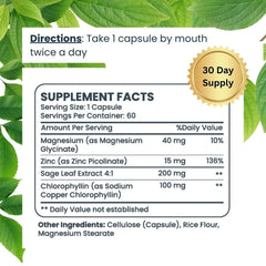 DeoCaps label-detail shows key ingredients like chlorophyllin and zinc picolinate for skin health.