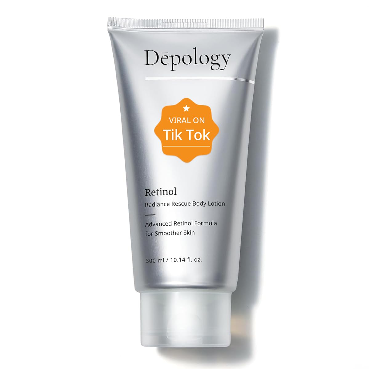 depology Ultra-Size Firming Retinol Body Lotion bottle close-up highlighting hydrating formula for smoother skin.