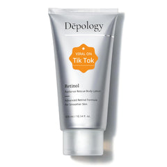 depology Ultra-Size Firming Retinol Body Lotion bottle close-up highlighting hydrating formula for smoother skin.