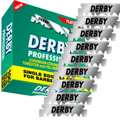 Derby blades inside pack highlighting bulk value for salons.
