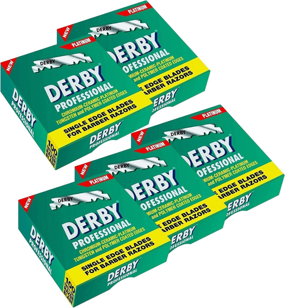 Derby Professional blades pack closeup shows sharp edges for a precise shave.