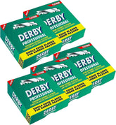 Derby Professional blades pack closeup shows sharp edges for a precise shave.