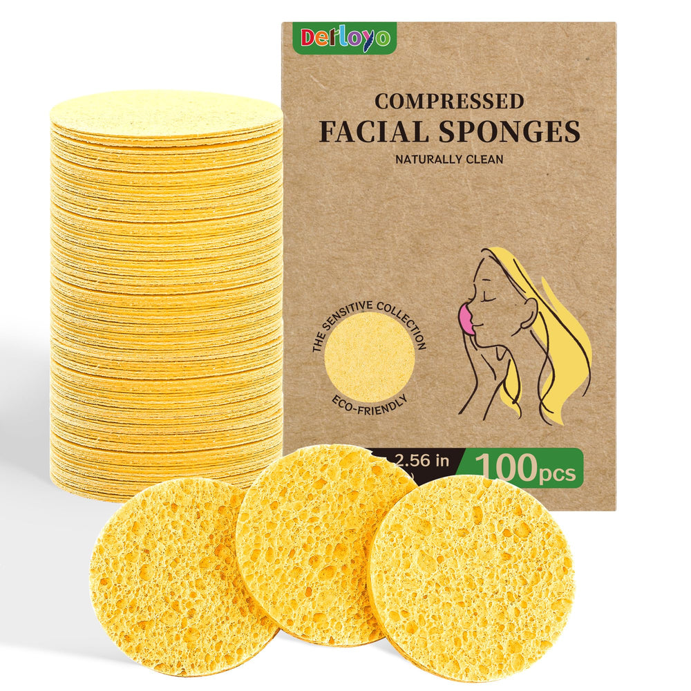 Derloyo compressed facial sponges in yellow packaging, ready for eco-friendly daily cleansing.