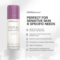 DERMAdoctor Total NonScents roll-on application highlights fragrance-free, gentle protection against odor and wetness.