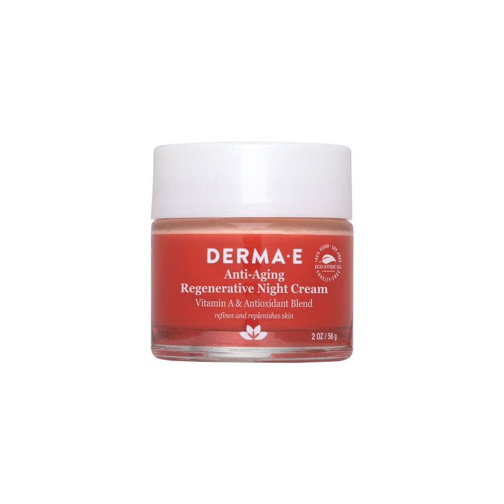 Derma E anti-aging night cream bottle signaling overnight hydration and firming.