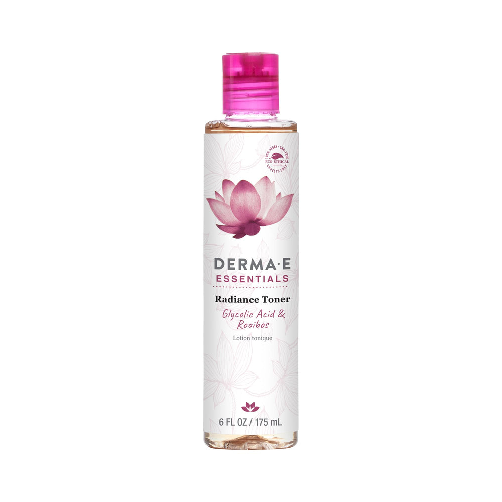Derma-E Radiance Toner bottle showcases brightening packaging for even-toned skin.