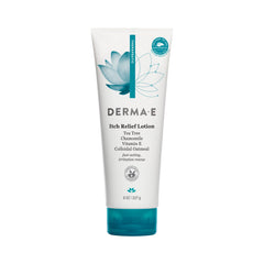 Derma E Itch Relief Lotion bottle showing lightweight, fast-absorbing relief for dry skin