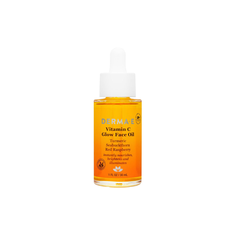 Derma E Vitamin C Glow Face Oil bottle ready for application, offering radiant hydration