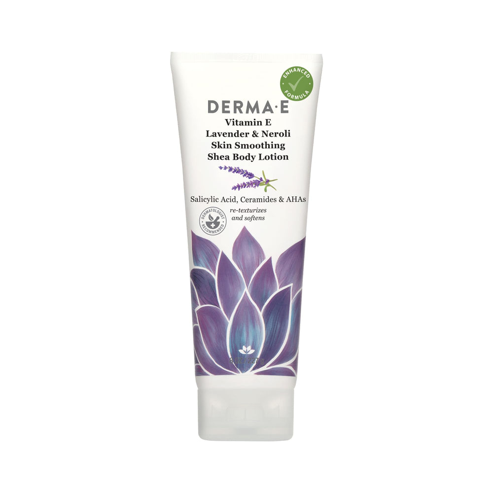 Derma E Vitamin E Lavender Neroli body lotion bottle shows lightweight, non-greasy hydration