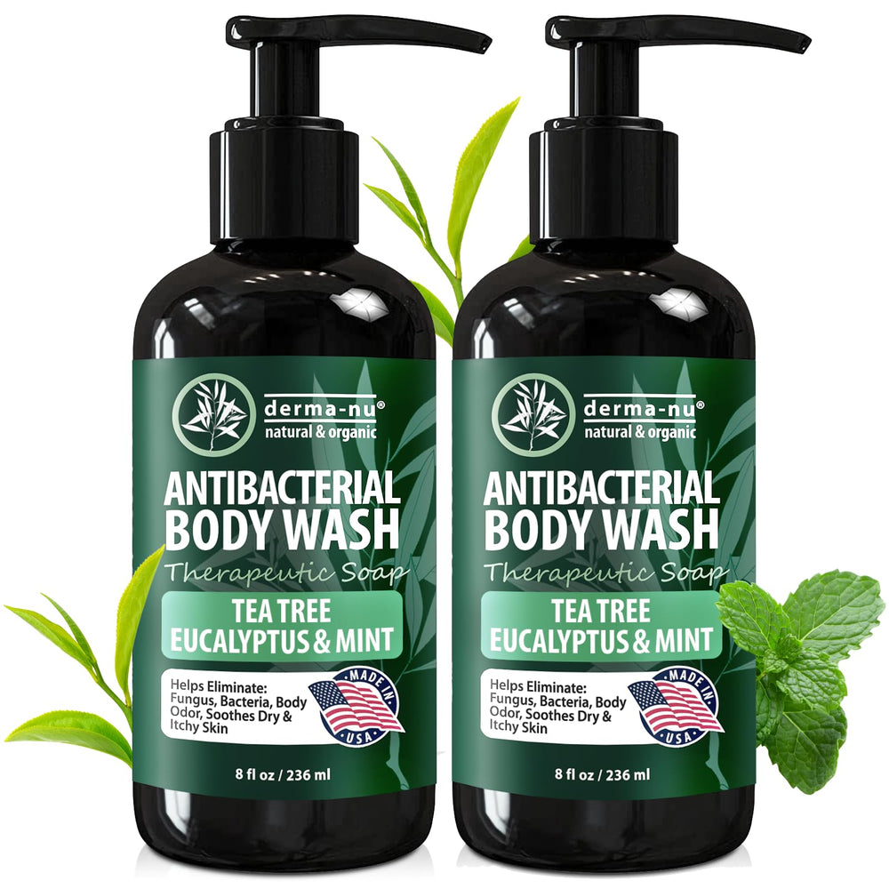 Derma-Nu antibacterial body wash pack-shot highlights a two-pack option for ongoing skin care.