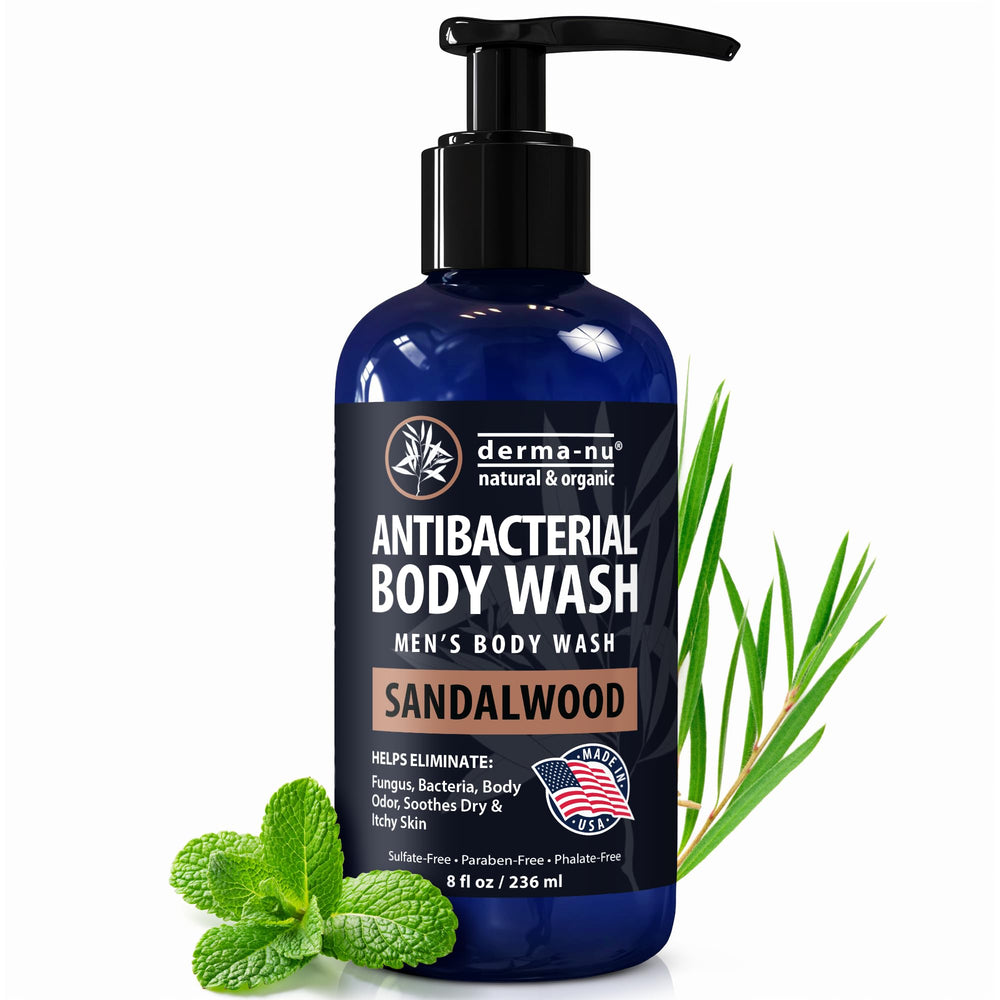 Derma-Nu Men's Body Wash woodsy sandalwood lather for gym-ready freshness.