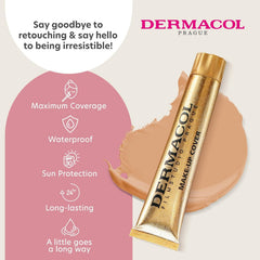 Dermacol waterproof foundation packaging highlights long-lasting coverage for busy days.