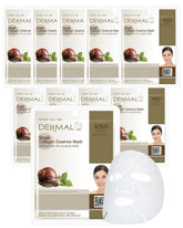 DERMAL Snail Collagen Essence Mask 10-pack box front highlighting hydration boost for daily care