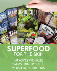 DERMAL Super Food ingredients close-up, almond spinach beet blueberry nourish skin