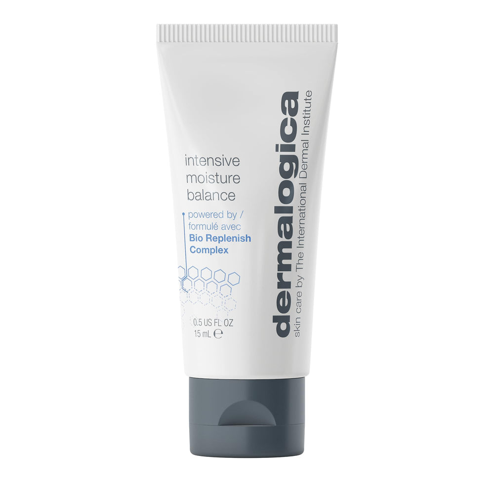 Dermalogica Intensive Moisture Balance bottle closeup shows rich hydration for dry skin