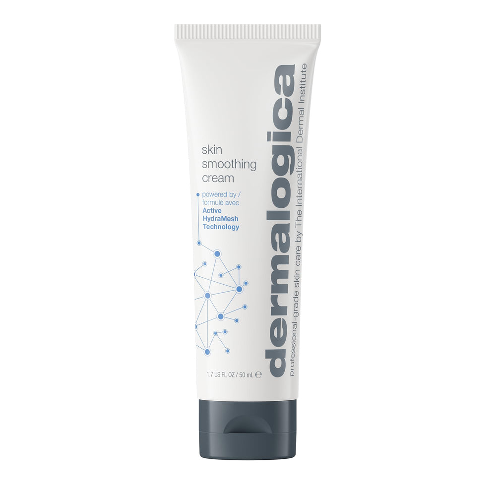 Dermalogica Skin Smoothing Cream bottle closeup highlights rich hydration and smoothing texture.