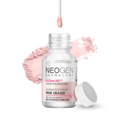 DERMALOGY A-Clear jar close-up shows calming pink calamine for blemish care.
