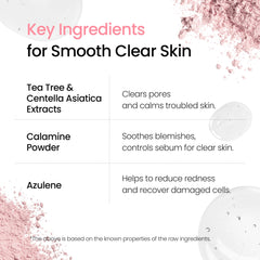 DERMALOGY A-Clear pink calamine powder texture illustrates targeted spot care.