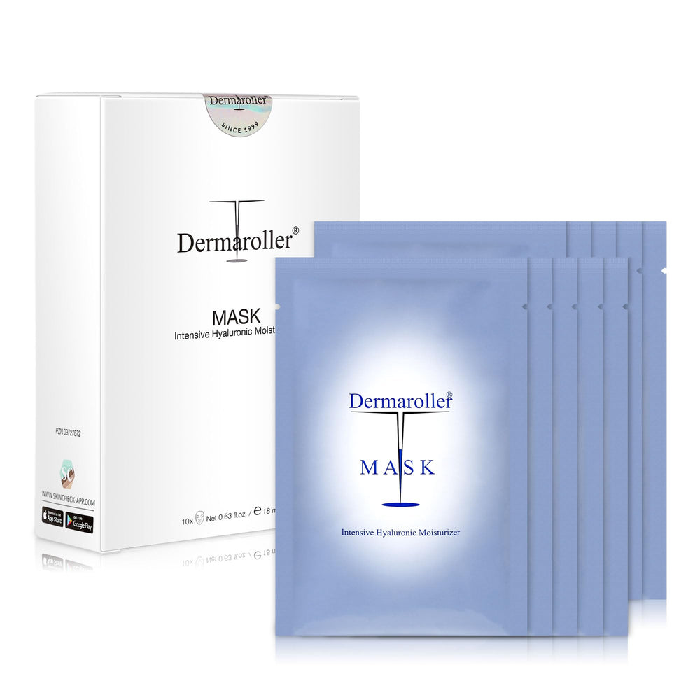 Dermaroller Hydrating Face Mask Sheets pack viewing 10 masks with HA and Matrixyl for deep hydration