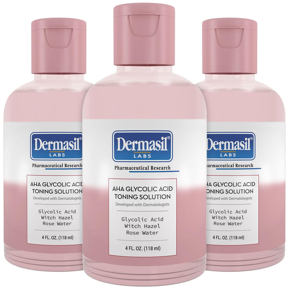Dermasil glycolic toner bottle demonstrates gentle exfoliation and pore refinement for clearer skin.