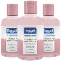 Dermasil glycolic toner bottle demonstrates gentle exfoliation and pore refinement for clearer skin.