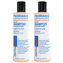 Dermasolve shampoo bottle pour demonstrates gentle fragrance-free scalp relief.
