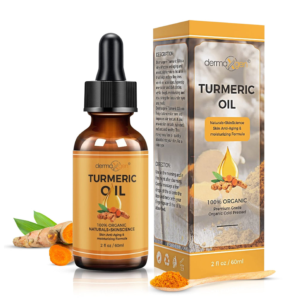 DERMAXGEN Turmeric Oil bottle close-up highlighting a premium cold-pressed formula for radiant skin.