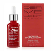 Dermelect Self-Esteem Beauty Sleep Serum bottle closeup showing overnight exfoliation capability.
