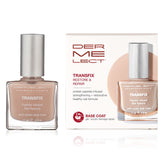 Dermelect Transfix base coat bottle with sheer nude finish concealing imperfections for healthier-looking nails.