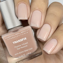 Dermelect Transfix brush applying base coat on nail for a smooth foundation.