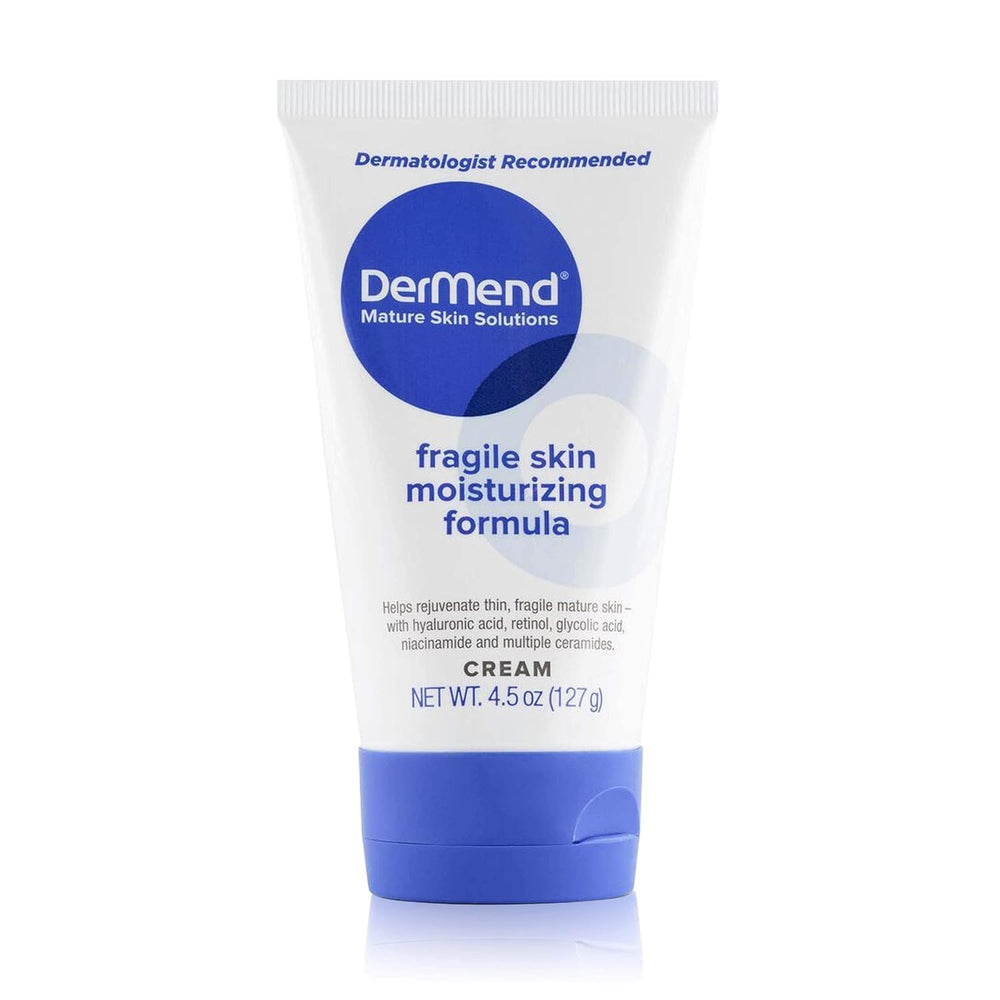 Dermend fragile-skin-moisturizing-cream-tube-front promotes hydrated, comfortable skin.