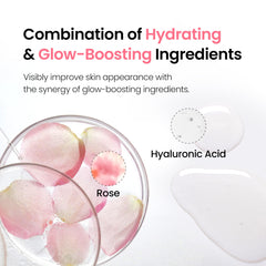 DERMALOGY Hyal Glow Rose Essence rose extract label indicates 1,500ppm moisture boost.