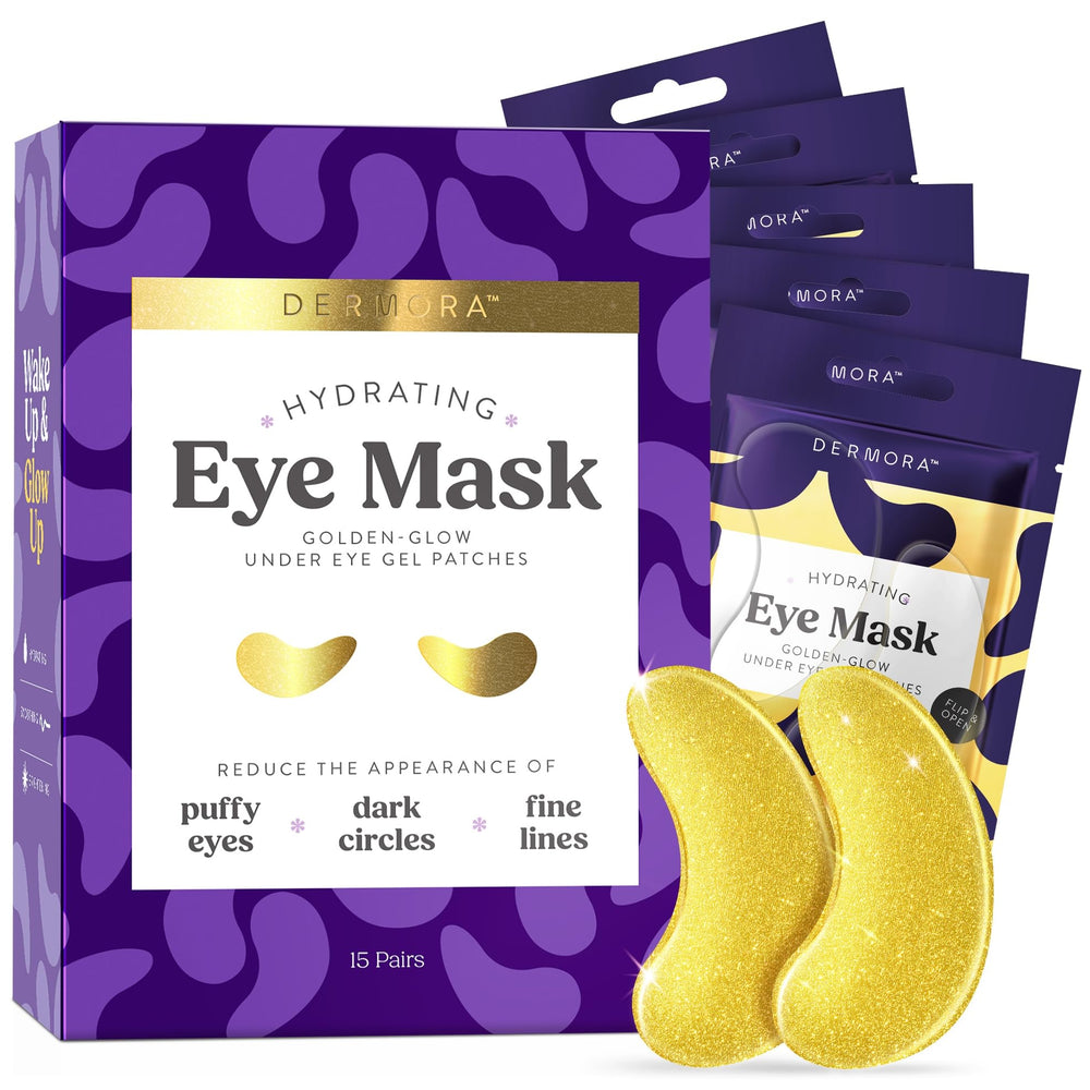 DERMORA Golden Glow under-eye patches pack closeup offering cooling relief for a refreshed look.