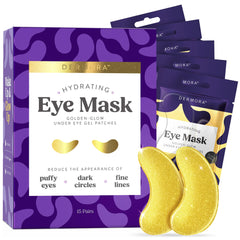 DERMORA Golden Glow under-eye patches pack closeup offering cooling relief for a refreshed look.