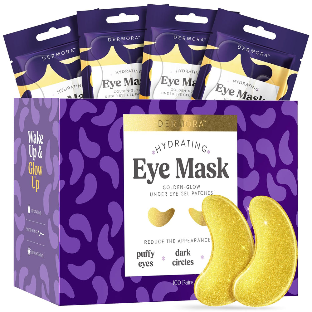 DERMORA Golden Glow under eye patches packaging for travel-ready refreshment.