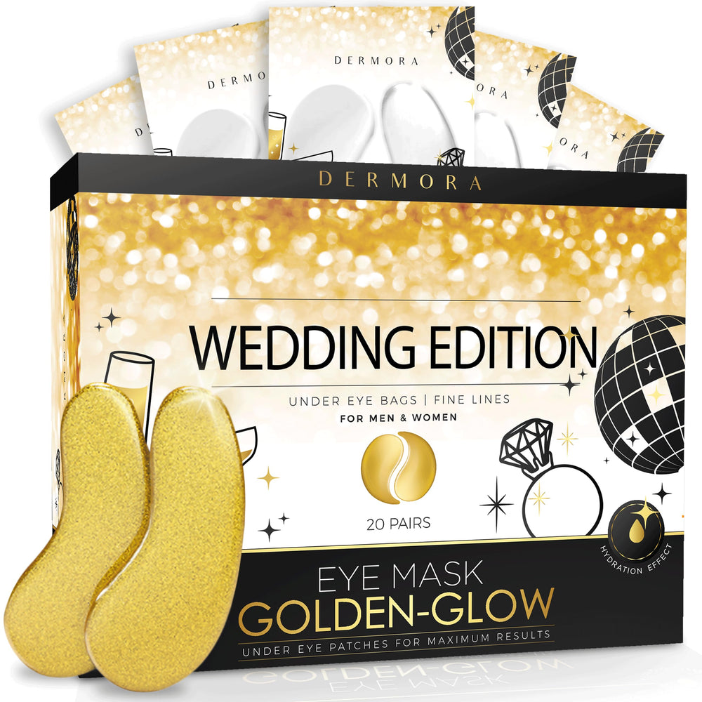 DERMORA wedding-themed eye mask packaging—20-pair set for long-lasting rejuvenation on the go.