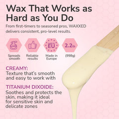 Dermwax WAXXED cream wax beads texture closeup highlights creamy glide for even coverage.