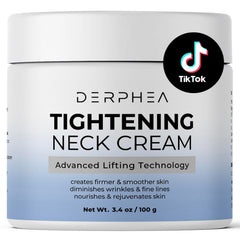 DERPHEA Neck Cream bottle close-up showing tightening action for firmer neck skin.