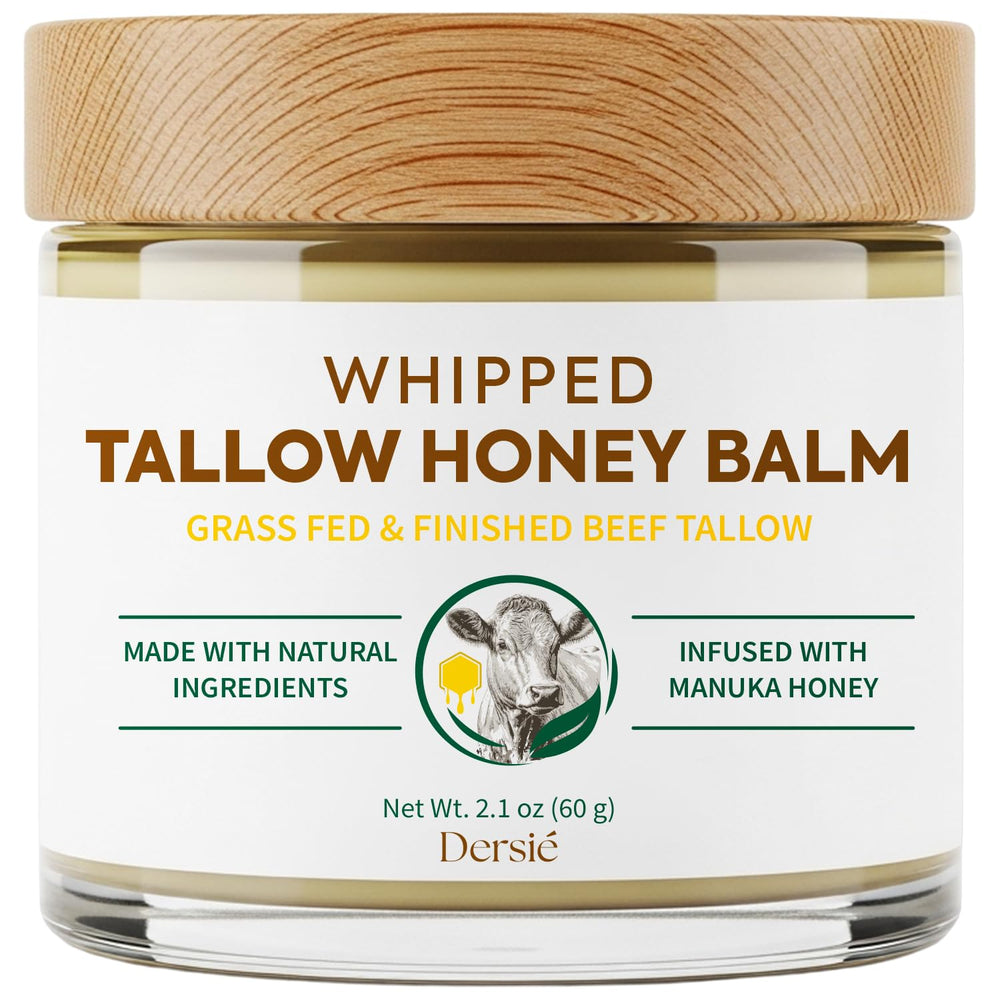 Dersie Tallow and Honey Balm jar closeup showing natural formula for dry skin relief.