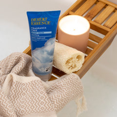Desert Essence body wash with jojoba oil close-up emphasizing moisture.