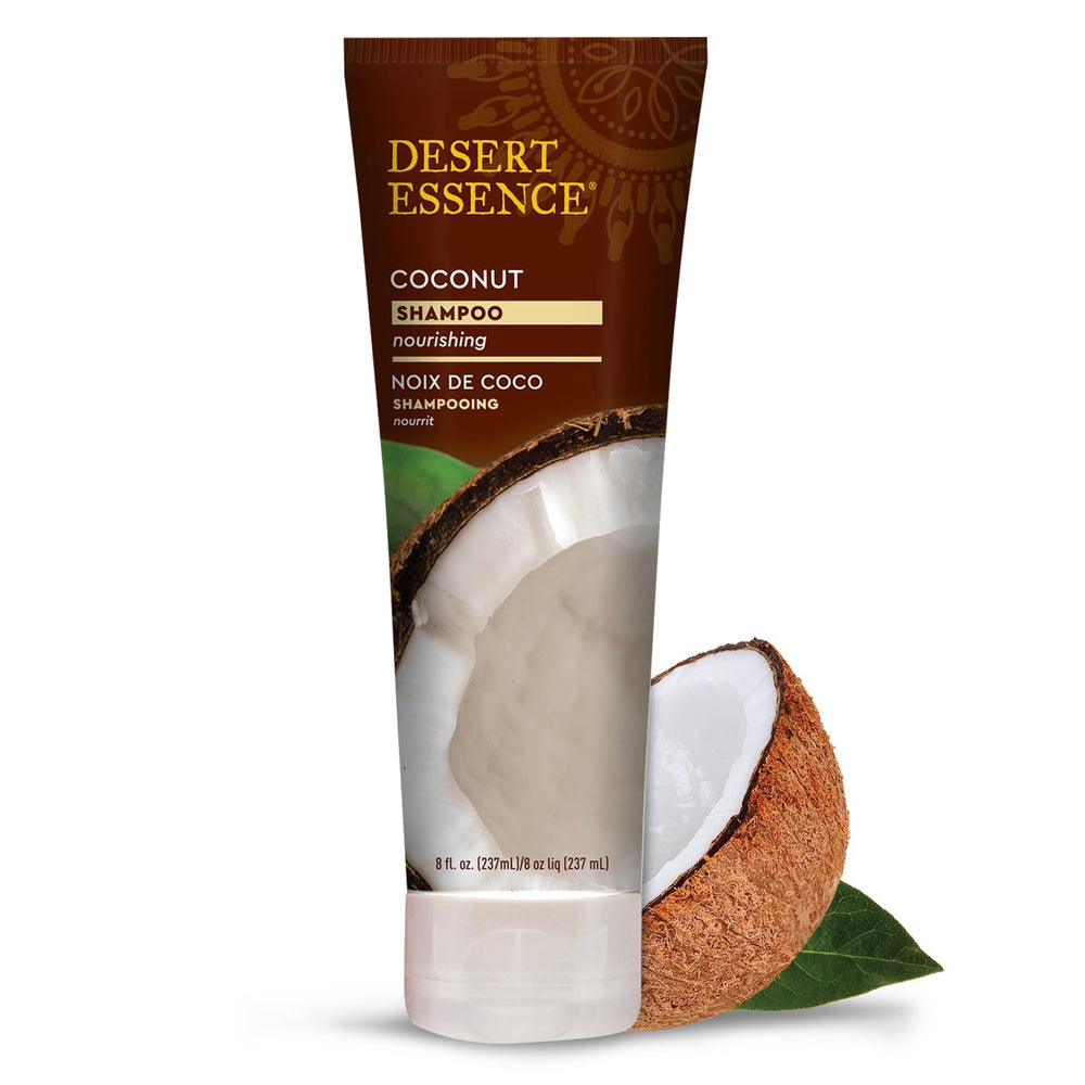 Desert Essence Coconut Shampoo bottle front shows gluten-free vegan formula for hair care