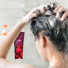 Desert Essence shampoo ingredients highlight raspberry extract and aloe for hair strength.