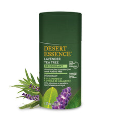 Desert Essence Tea Tree Deodorant Lavender packaging front showing plastic-free packaging for planet-friendly care