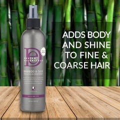 Design Essentials Bamboo & Silk HCO Leave-In Conditioner applied to wet hair being combed for detangling