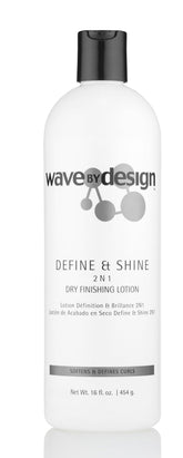 Design Essentials Define & Shine bottle front shows lightweight finish for frizz control and shine.