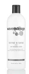 Design Essentials Define & Shine bottle front shows lightweight finish for frizz control and shine.
