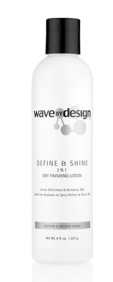 Design Essentials Define & Shine bottle pour demonstrates frizz-control finishing