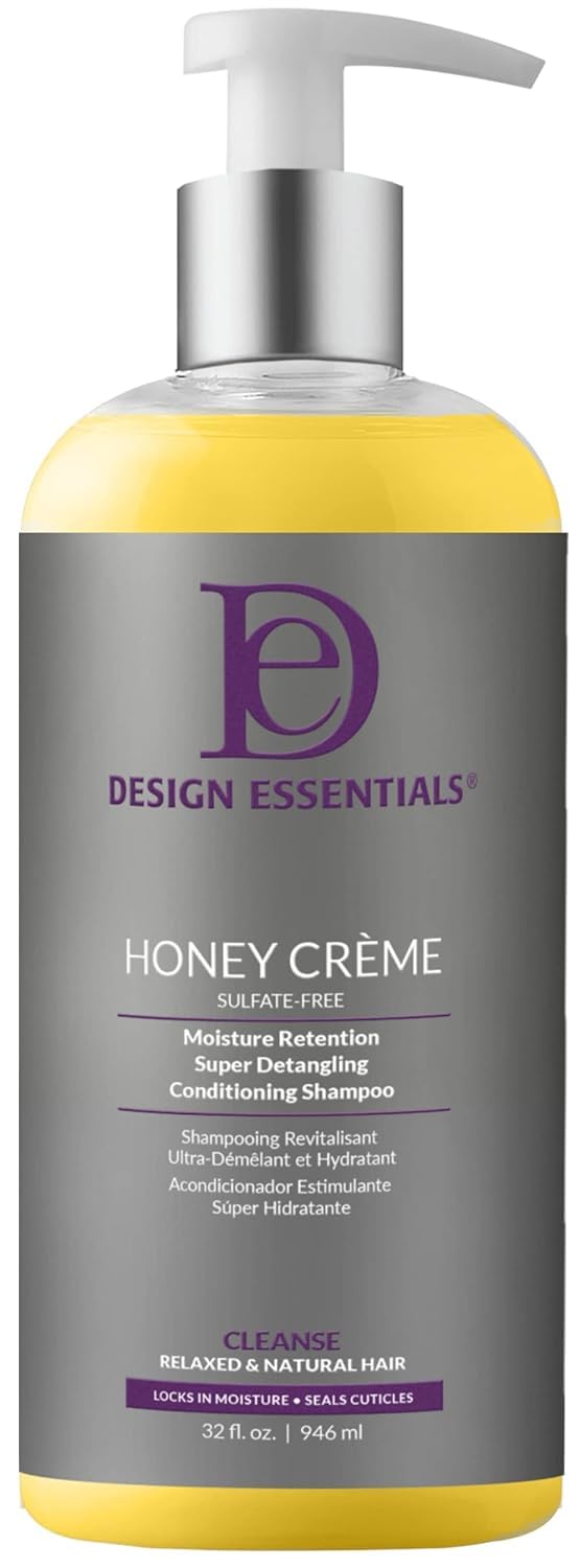 Design Essentials Honey Creme bottle pour showing moisture retention for detangling.