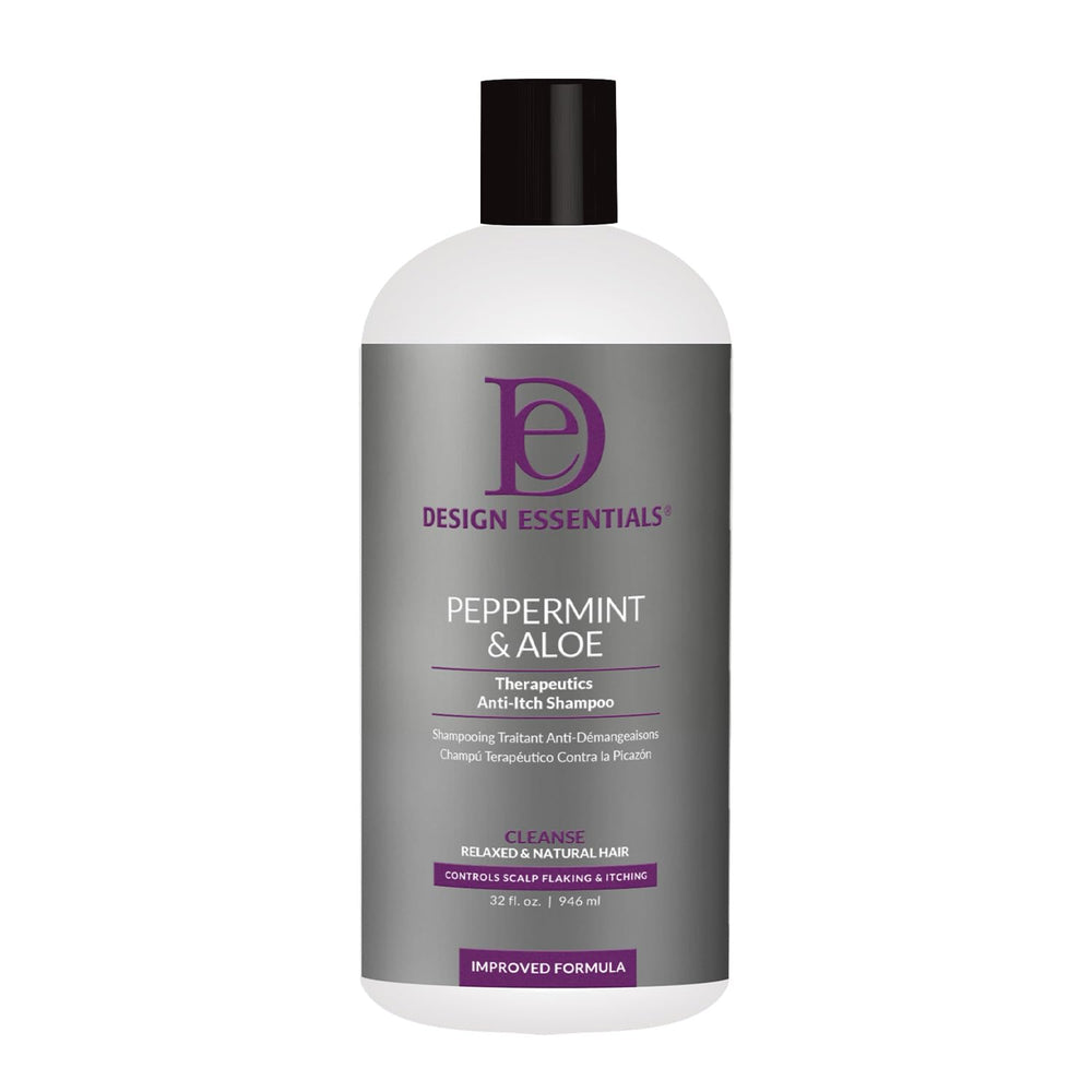 Design Essentials Peppermint Aloe Therapeutics AntiItch Shampoo bottle offers soothing relief for itchy scalp.